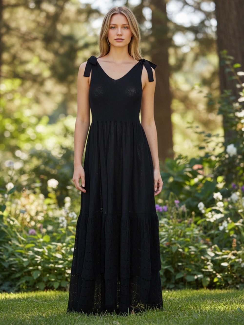 Rebecca Taylor Black Tie-Shoulder Maxi Dress with Tiered Skirt